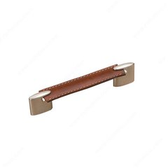 Wood & Leather 5-1/16 Inch Center to Center Brushed Nickel/Brown Leather Cabinet Pull Wood & Leather 5-1/16 Inch Center to Center Brushed Nickel/Brown Leather Cabinet Pull