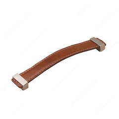 Wood & Leather 6-5/16 Inch Center to Center Brushed Nickel/Brown Leather Cabinet Pull Wood & Leather 6-5/16 Inch Center to Center Brushed Nickel/Brown Leather Cabinet Pull