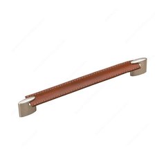 Wood & Leather 8-13/16 Inch Center to Center Brushed Nickel/Brown Leather Cabinet Pull Wood & Leather 8-13/16 Inch Center to Center Brushed Nickel/Brown Leather Cabinet Pull
